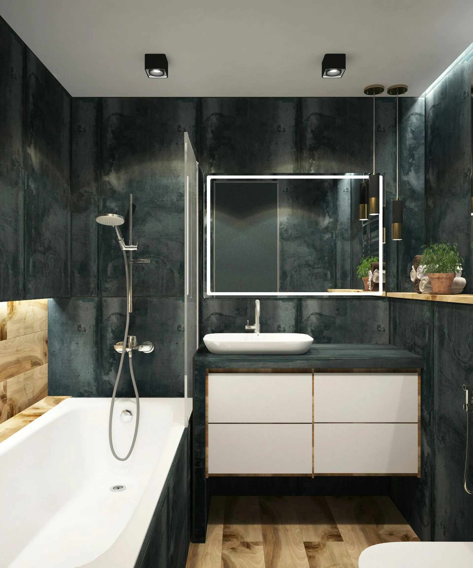 Modern bathroom with black walls, white tub, floating vanity, and large mirror.